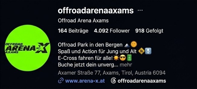 Instagram-Profil der Offroad Arena Axams nachher: 164 Beiträge, 4.092 Follower