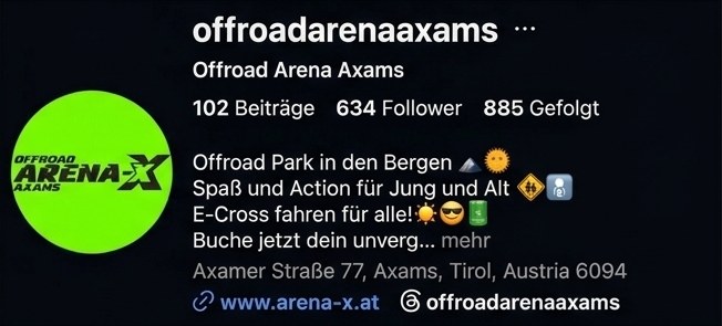 Instagram-Profil der Offroad Arena Axams vorher: 102 Beiträge, 634 Follower