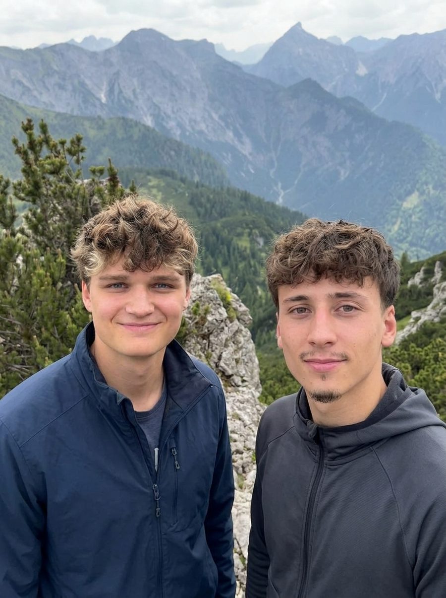 Eliah und sein Partner am Gipfel, im Hintergrund die Tiroler Berge